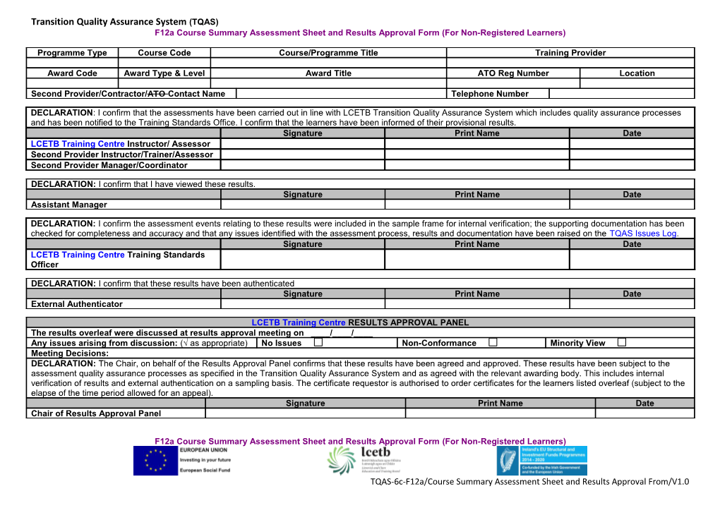 F12 Course Summary Assessment Sheet and Results Approval Form