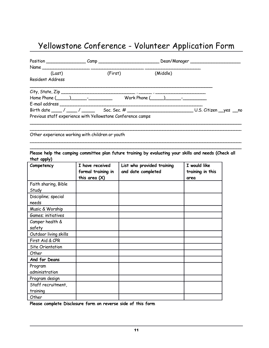 Yellowstone Conference - Volunteer Application Form