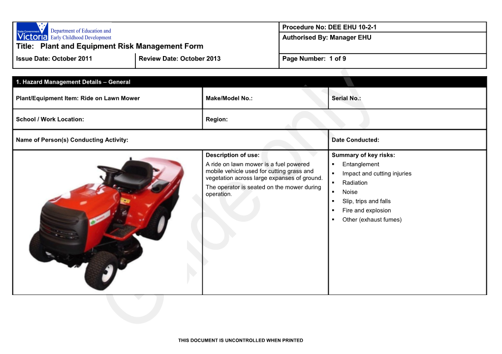 Title: Plant and Equipment Risk Management Form