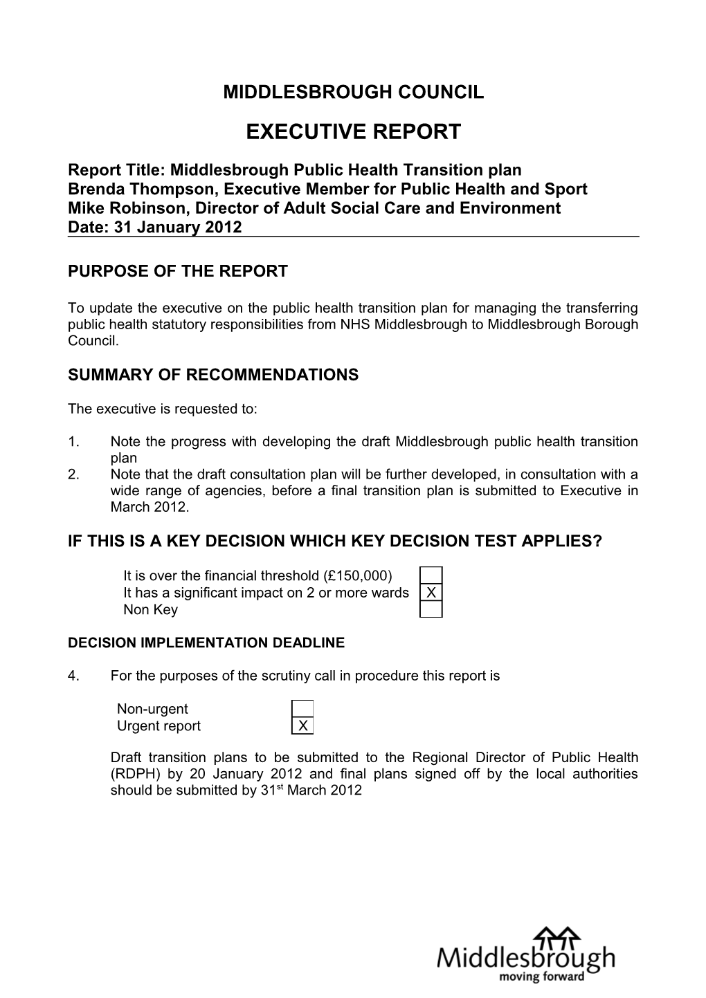 Report Title: Middlesbrough Public Health Transition Plan