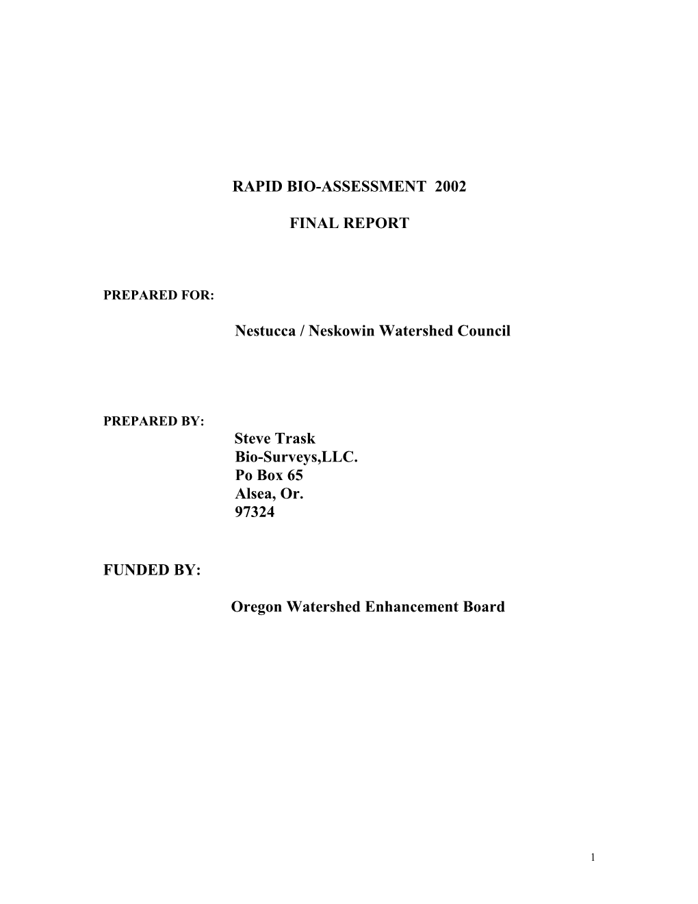 Rapid Bio-Assessment 1999 s1