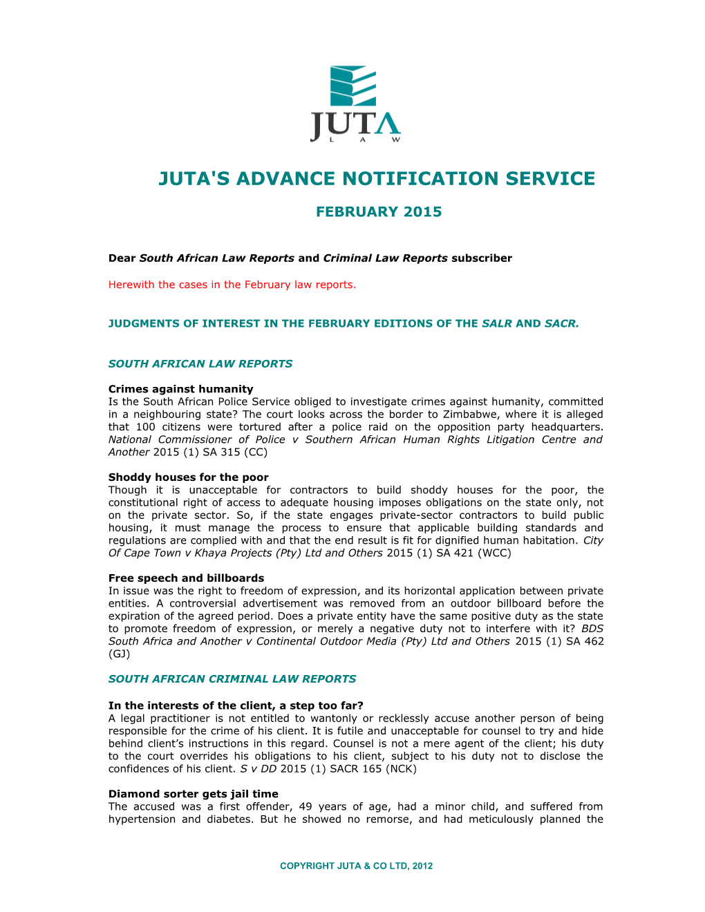 Juta's Advance Notification Service s2