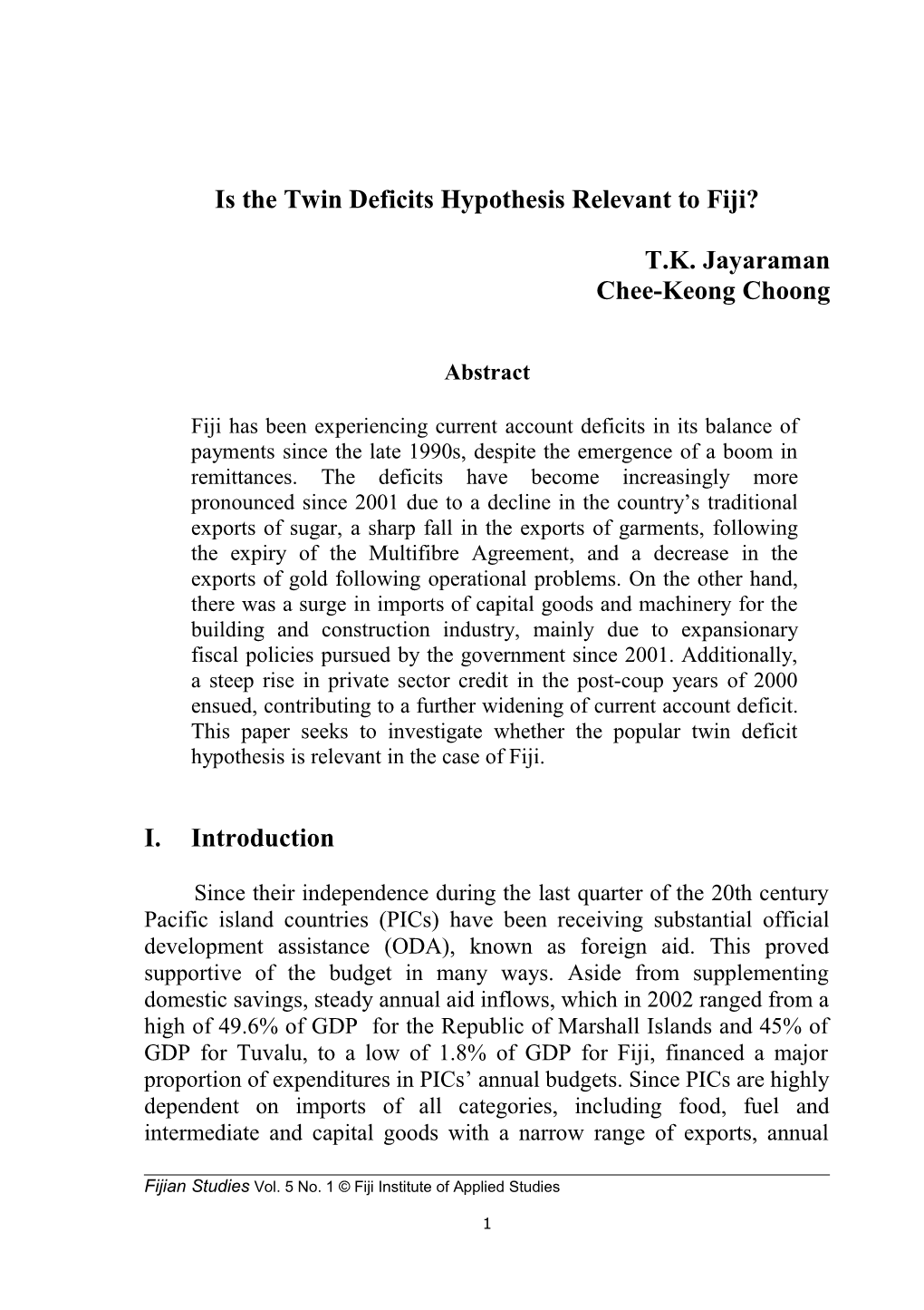 Is the Twin Deficits Hypothesis Relevant to Fiji?