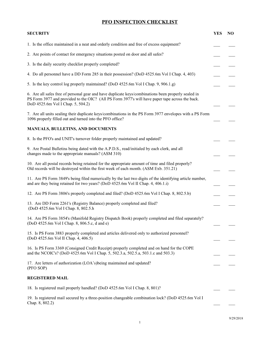 Cope Inspection Checklist