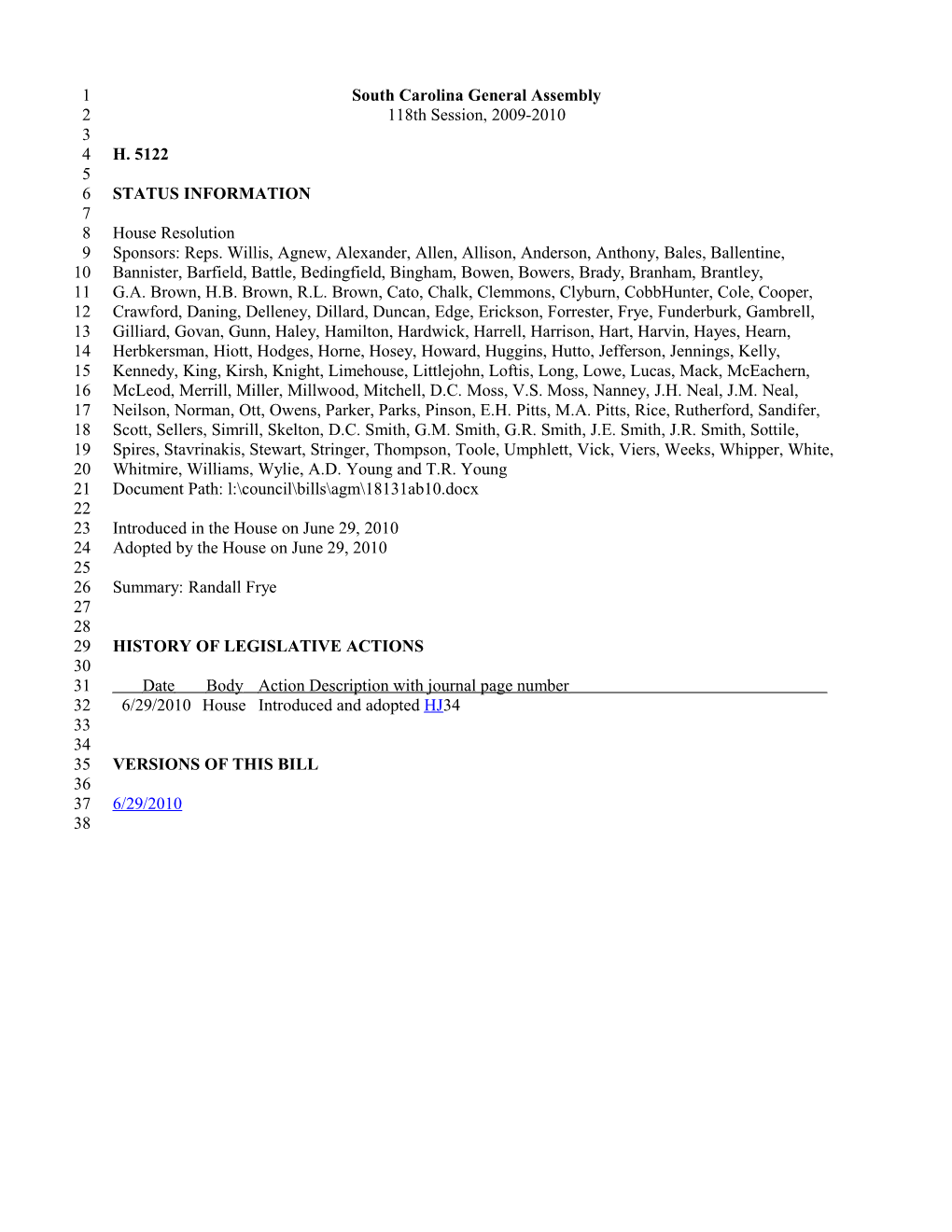 2009-2010 Bill 5122: Randall Frye - South Carolina Legislature Online