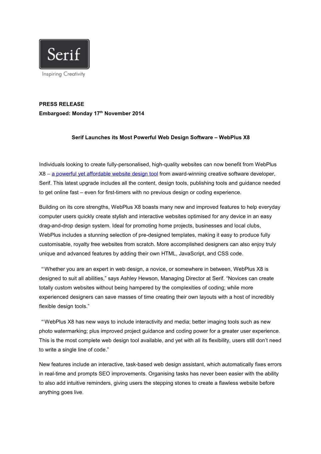 PRESS RELEASE Embargoed: Monday 17Th November 2014