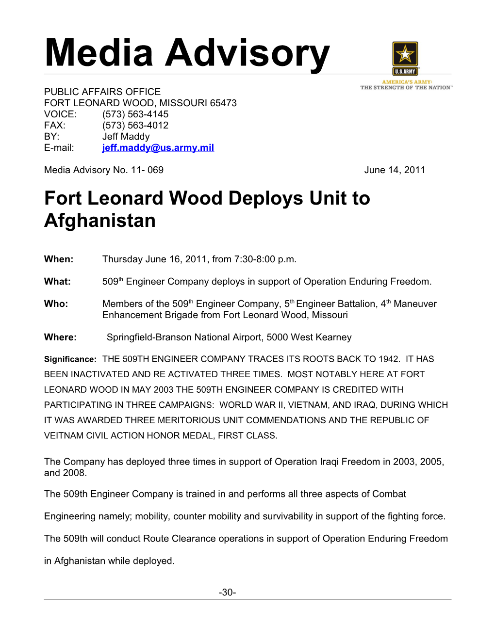Fort Leonard Wood Deploys Unit to Afghanistan