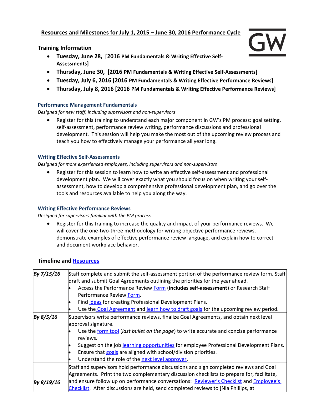 Resources and Milestones for July 1, 2015 June 30, 2016 Performance Cycle