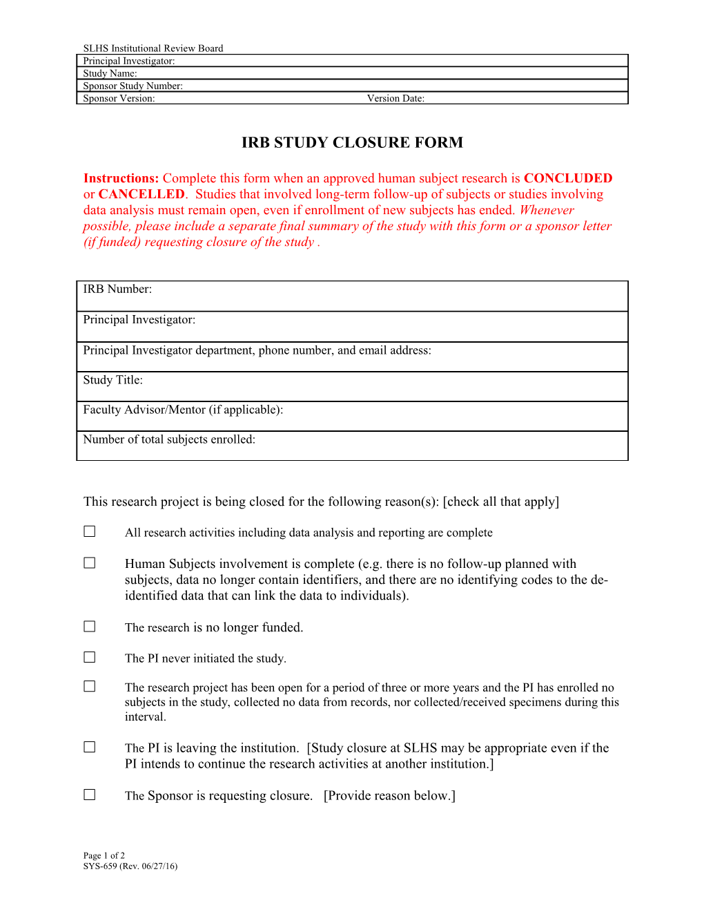 IRB Study Closure Form