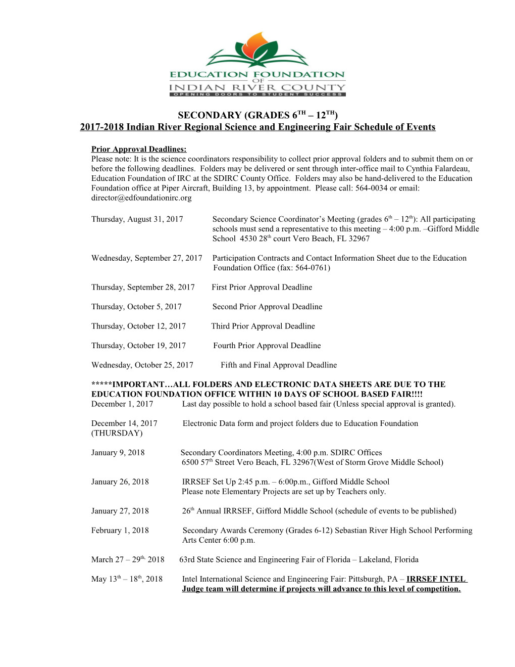 Indian River Regional Science and Engineering Fair Schedule of Events