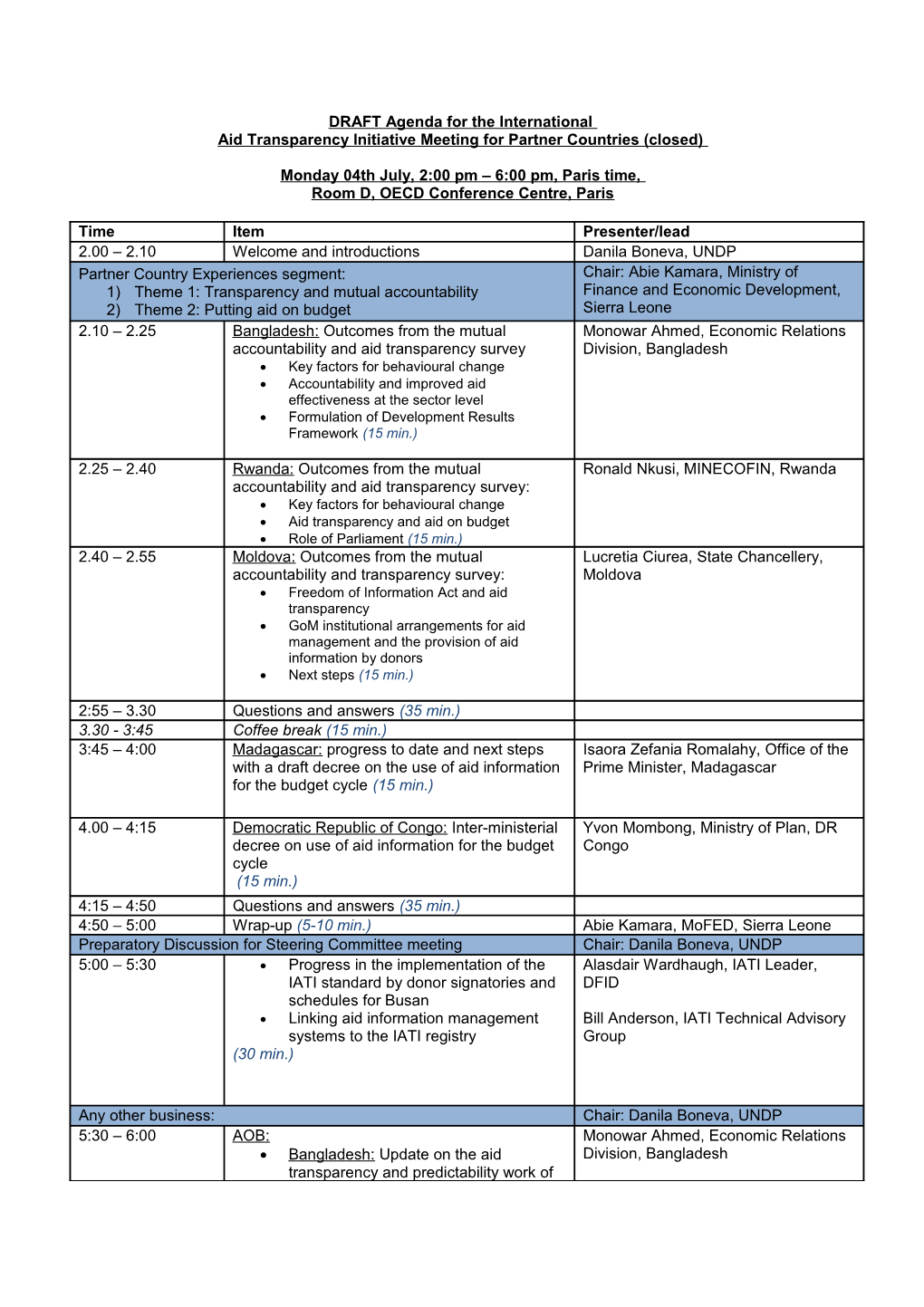 Agenda for the 5Th Steering Committee of the International Aid Transparency Initiative