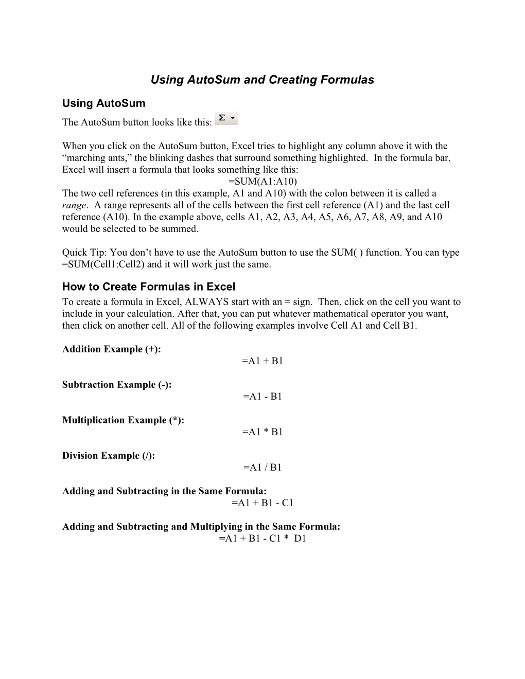 Using Autosum and Creating Formulas