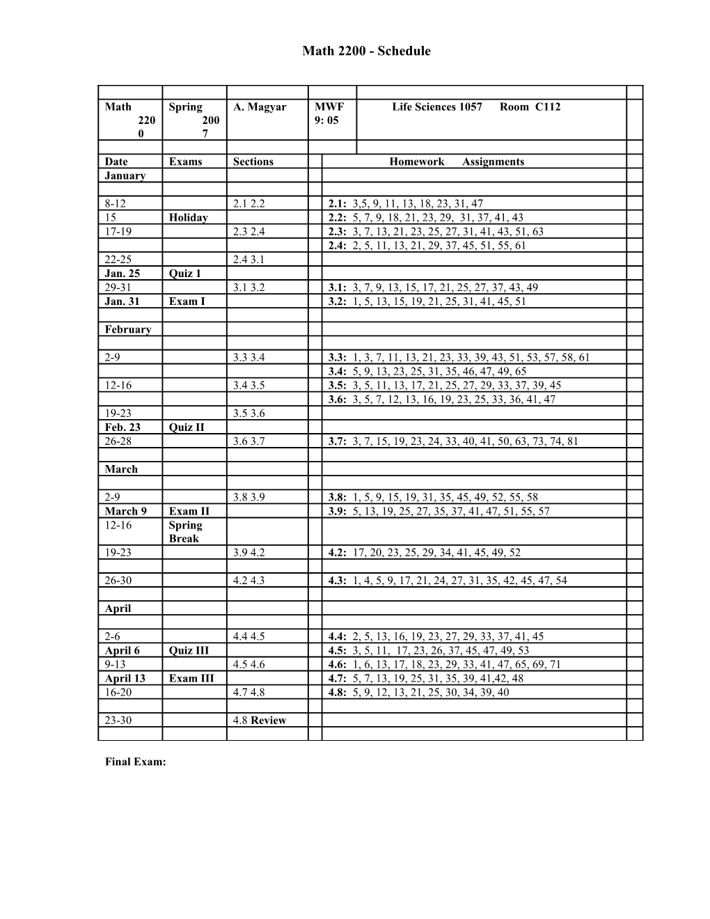 Math 2200 - Schedule