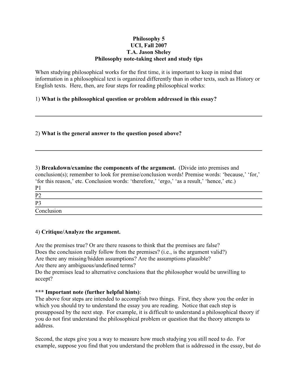 Philosophy Note-Taking Sheet and Study Tips