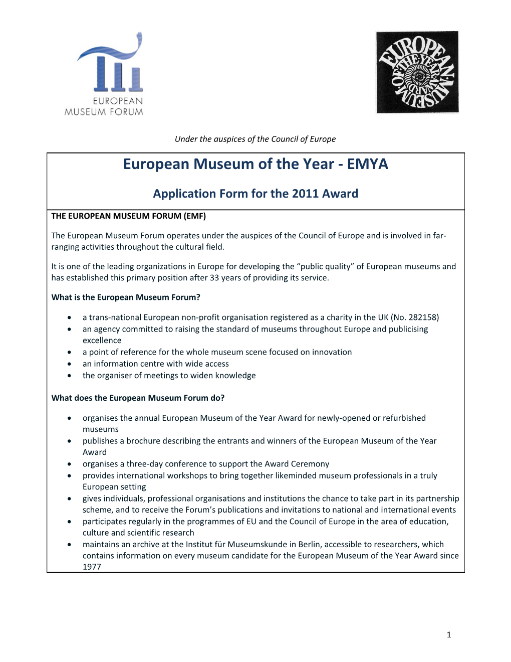 European Museum of the Year Award EMYA Under the Auspices of the Council of Europe