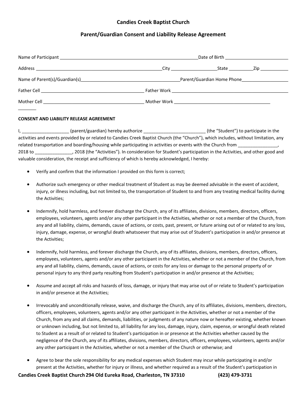 Parent/Guardian Consent and Liability Release Agreement