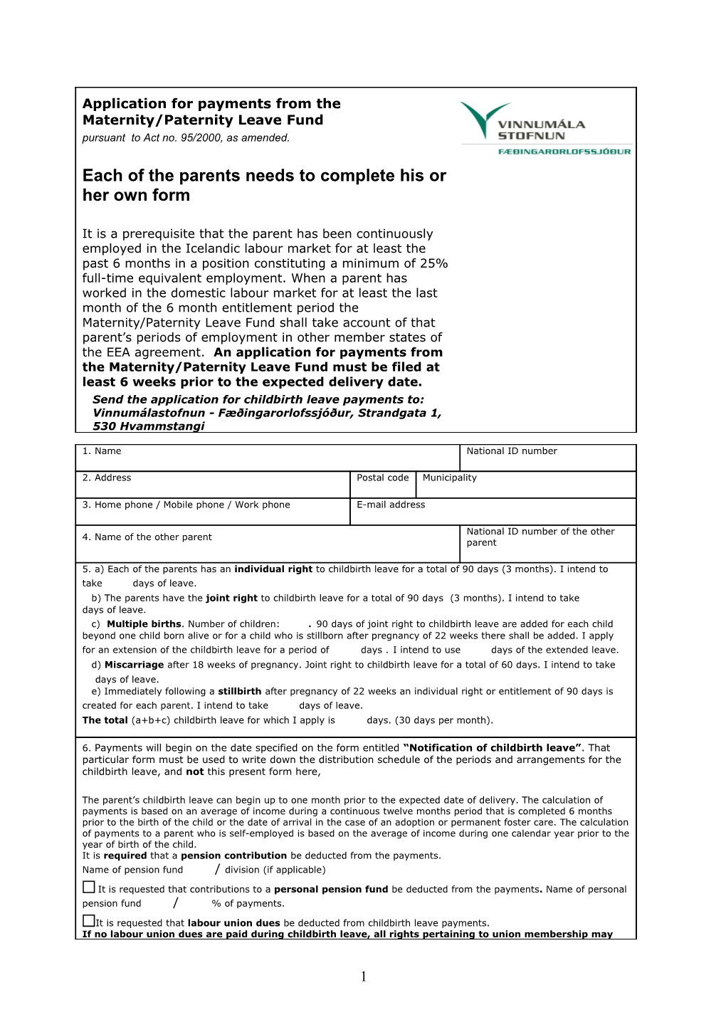 Application for Payments from the Childbirth Leave Fund