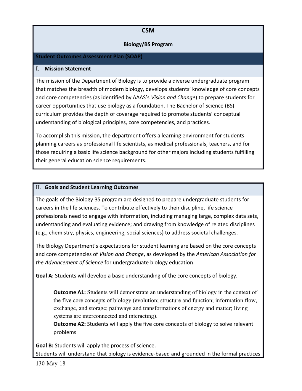 V. Student Learning Outcomes X Assessment Methods Matrix