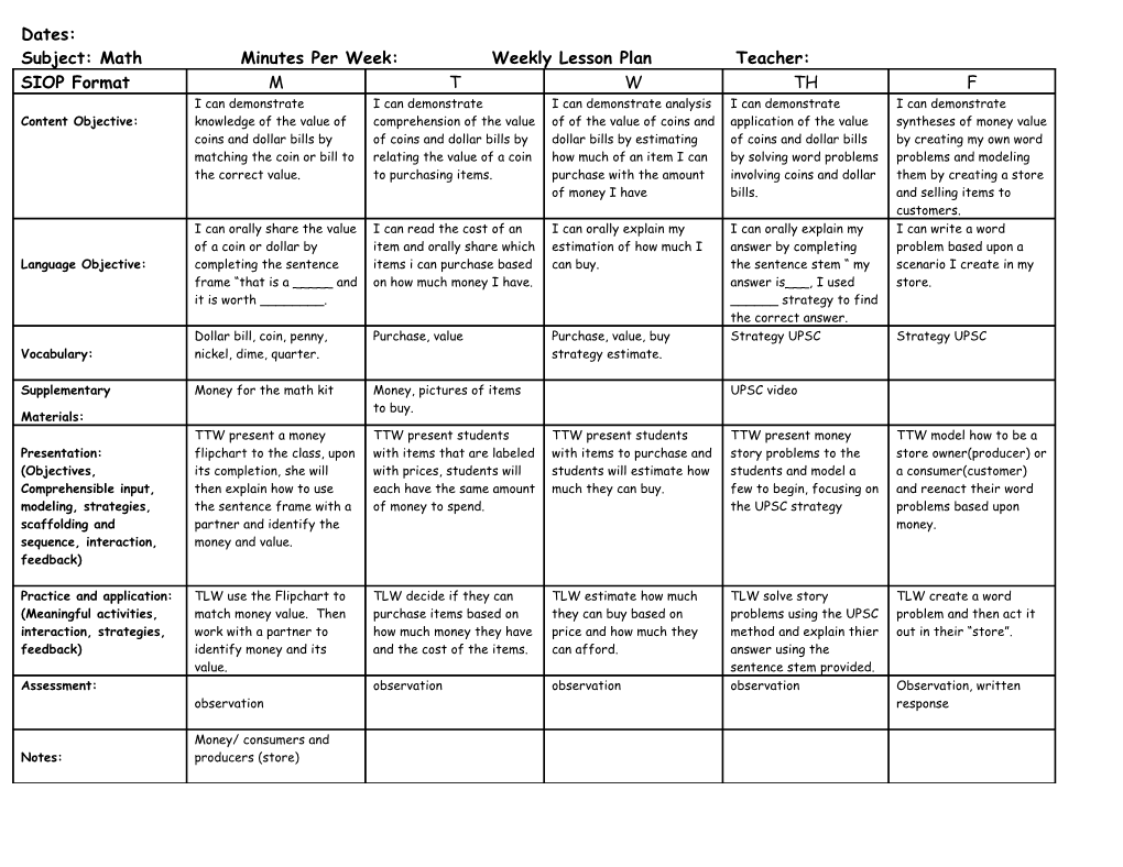 Subject: Math Minutes Per Week: Weekly Lesson Plan Teacher