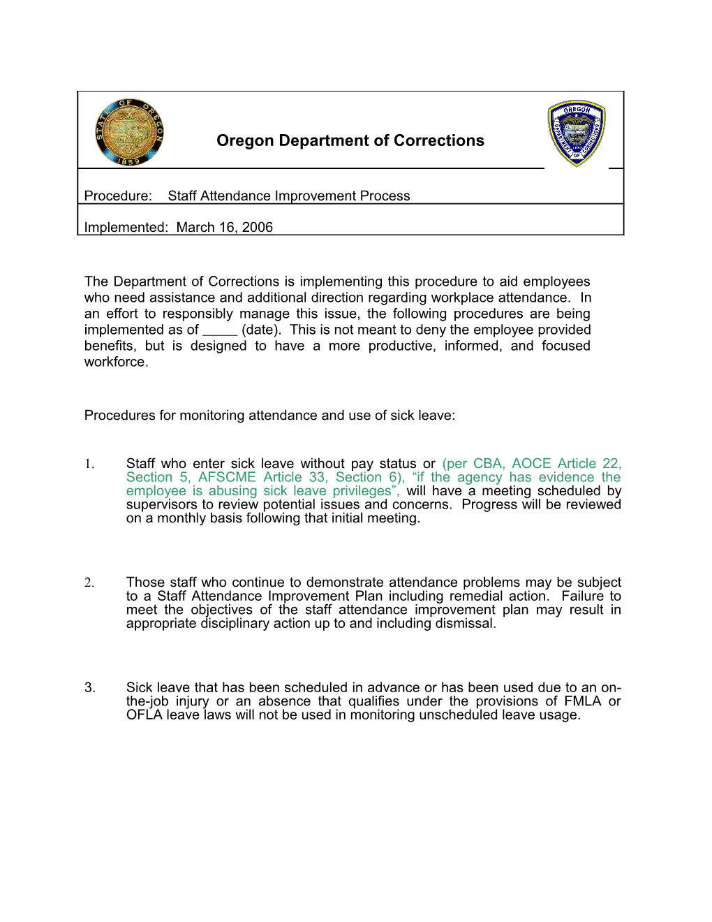 Attendance Improvement Form