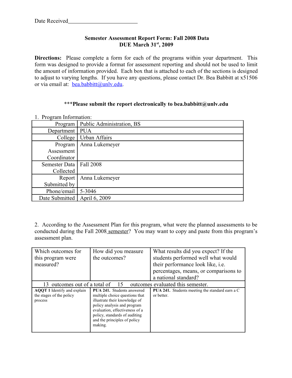 Annual Assessment Report Form for Student Learning Outcomes Assessment