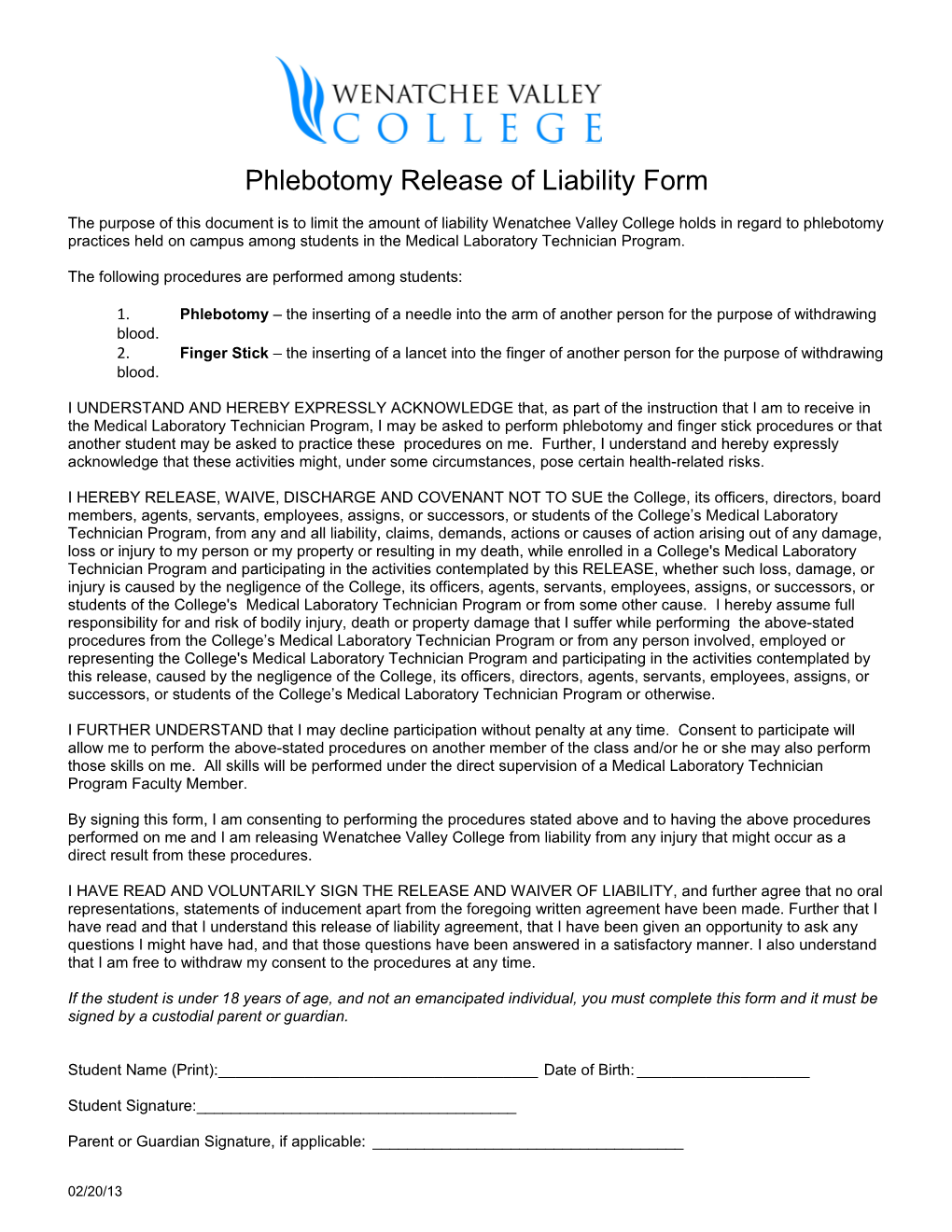 Phlebotomy Release of Liability Form