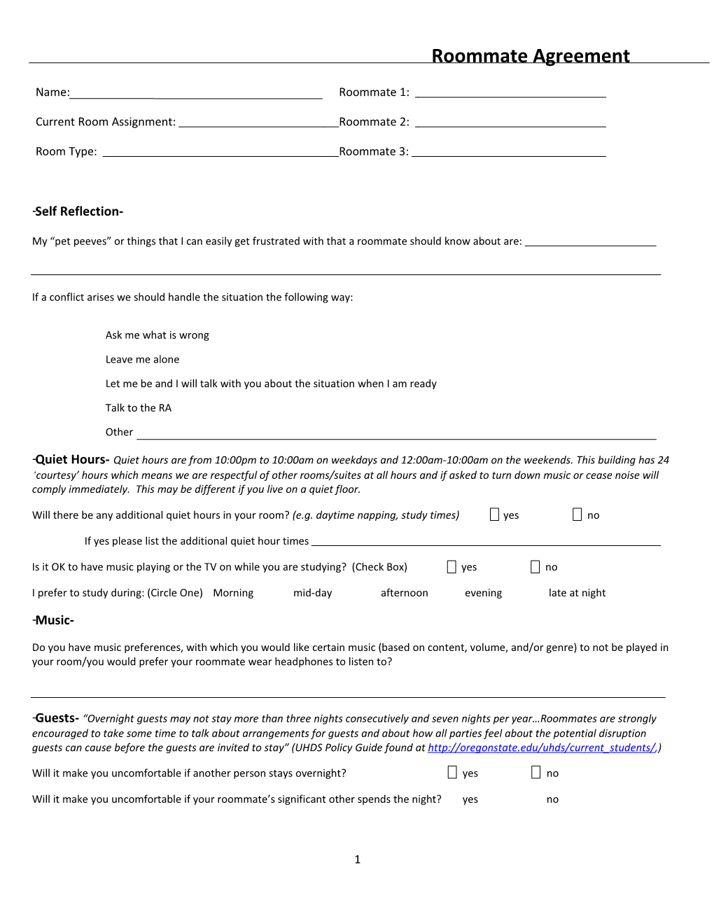 Online Hall Roommate Agreement Revised Suites 8-30-10