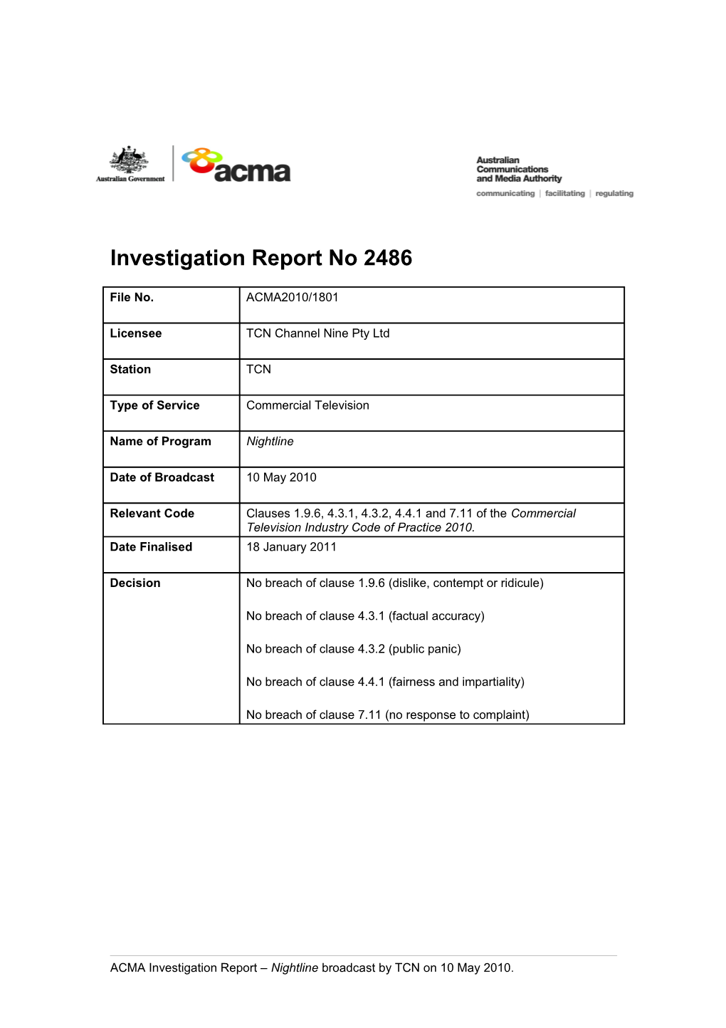 TCN 9 - ACMA Investigation Report 2486