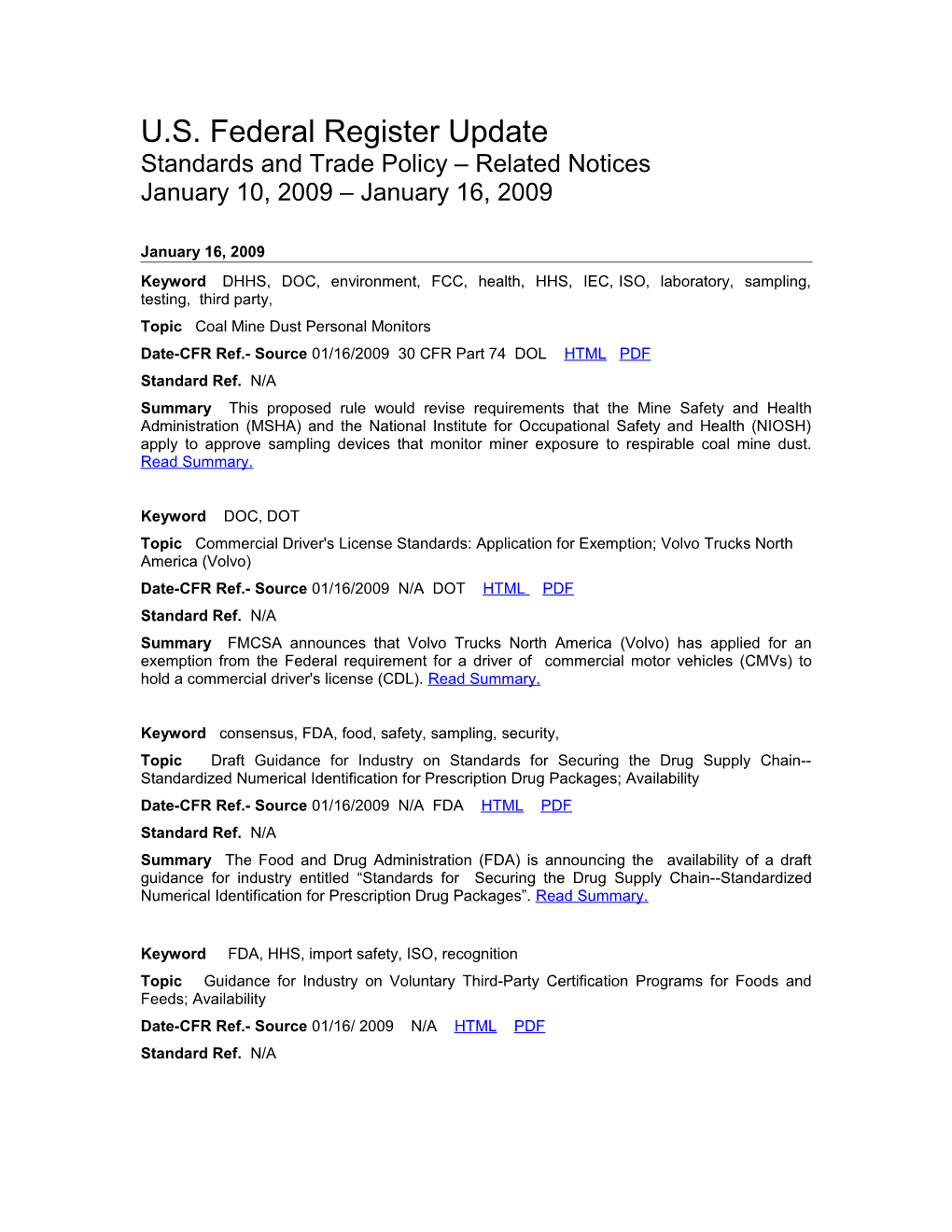Standards and Trade Related Notices from the U.S. Federal Register, 1.16.09