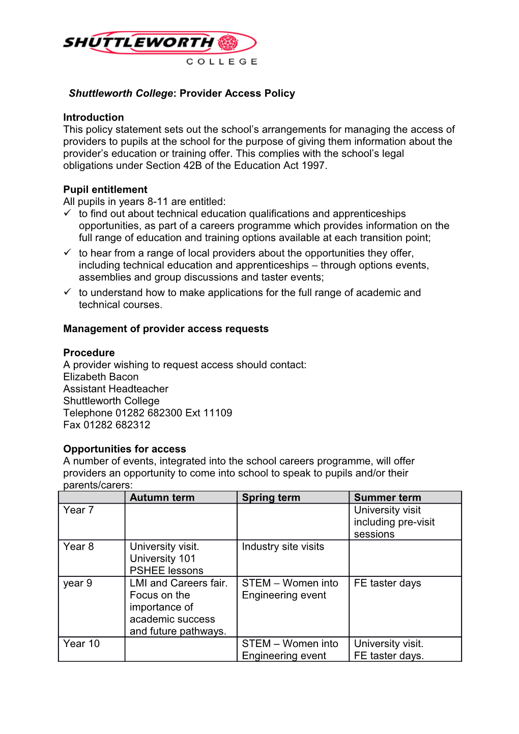 Shuttleworth College: Provider Access Policy