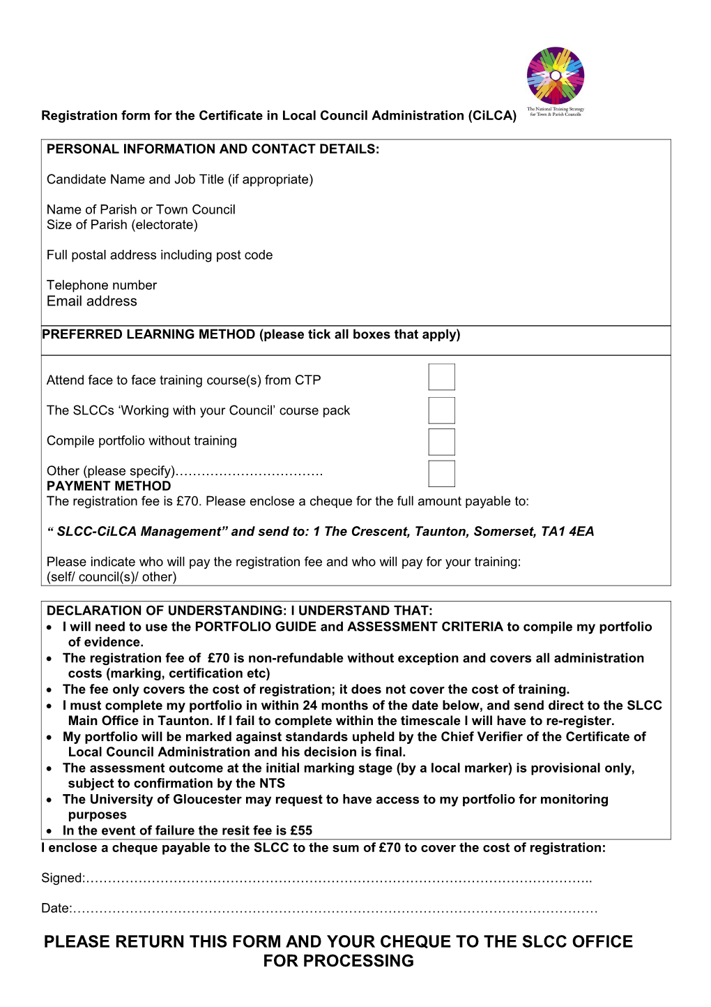Registration Form for the Certificate in Local Council Administration (Cilca)