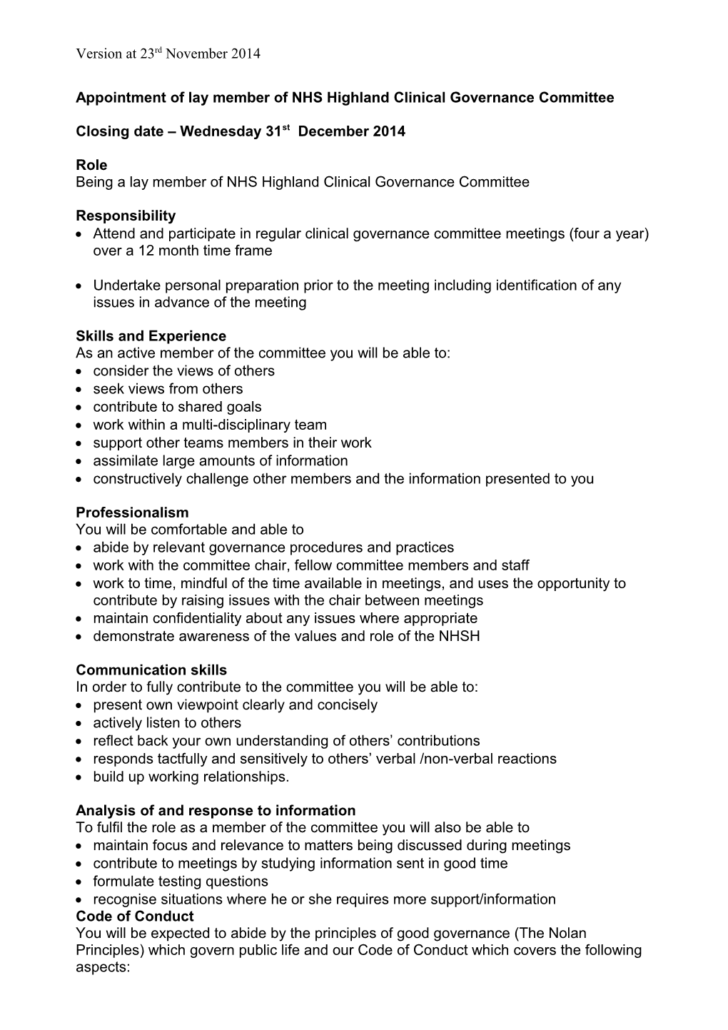 Appointment of Public/Patient Members of NHS Highland Clinical Governance Committee