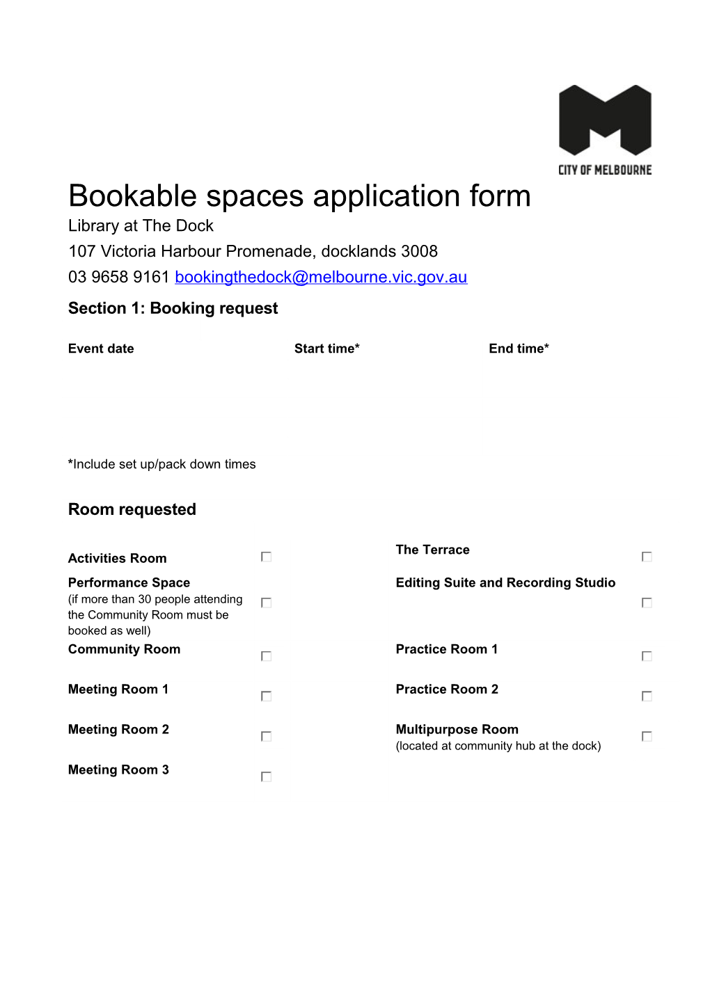 Bookable Spaces Application Form - Library at the Dock
