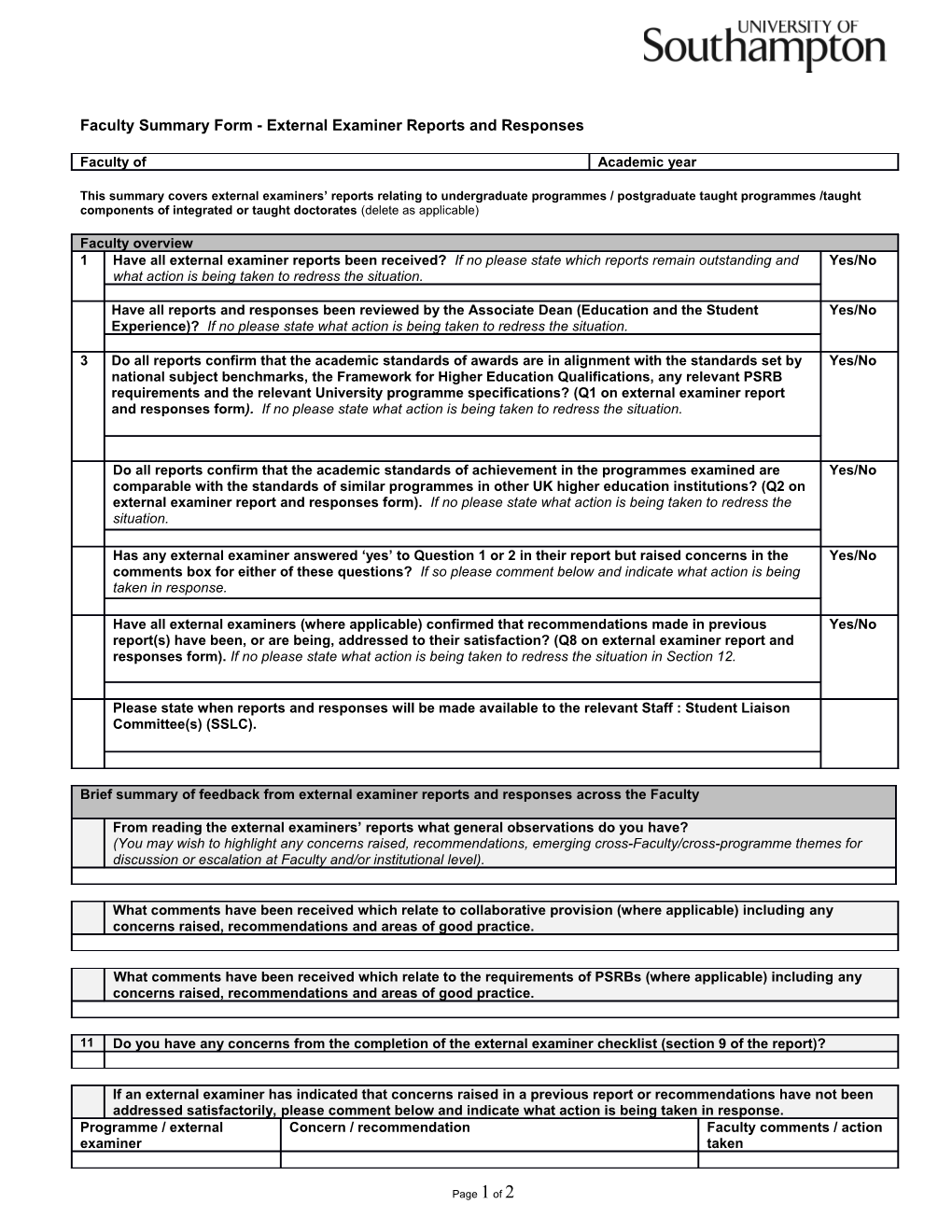 Template for Faculty Summary Report on Schools External Examiner Reports and Relevant Responses