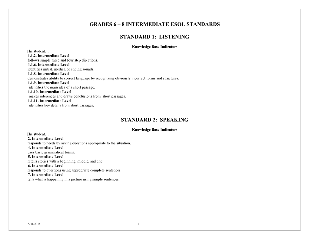 Grades 6 8 Intermediate Esol Standards