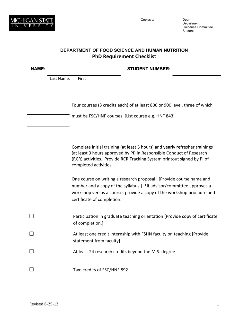 FSHN Phd Requirement Checklist