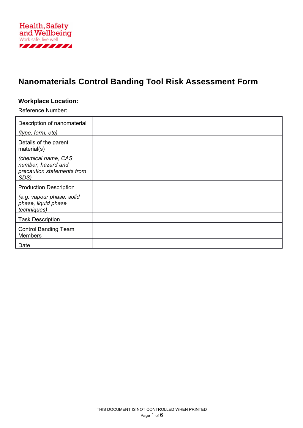 Nanomaterials Control Banding Tool Risk Assessment Form