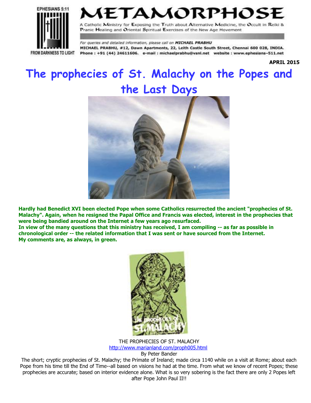 The Prophecies of St. Malachy on the Popes and the Last Days