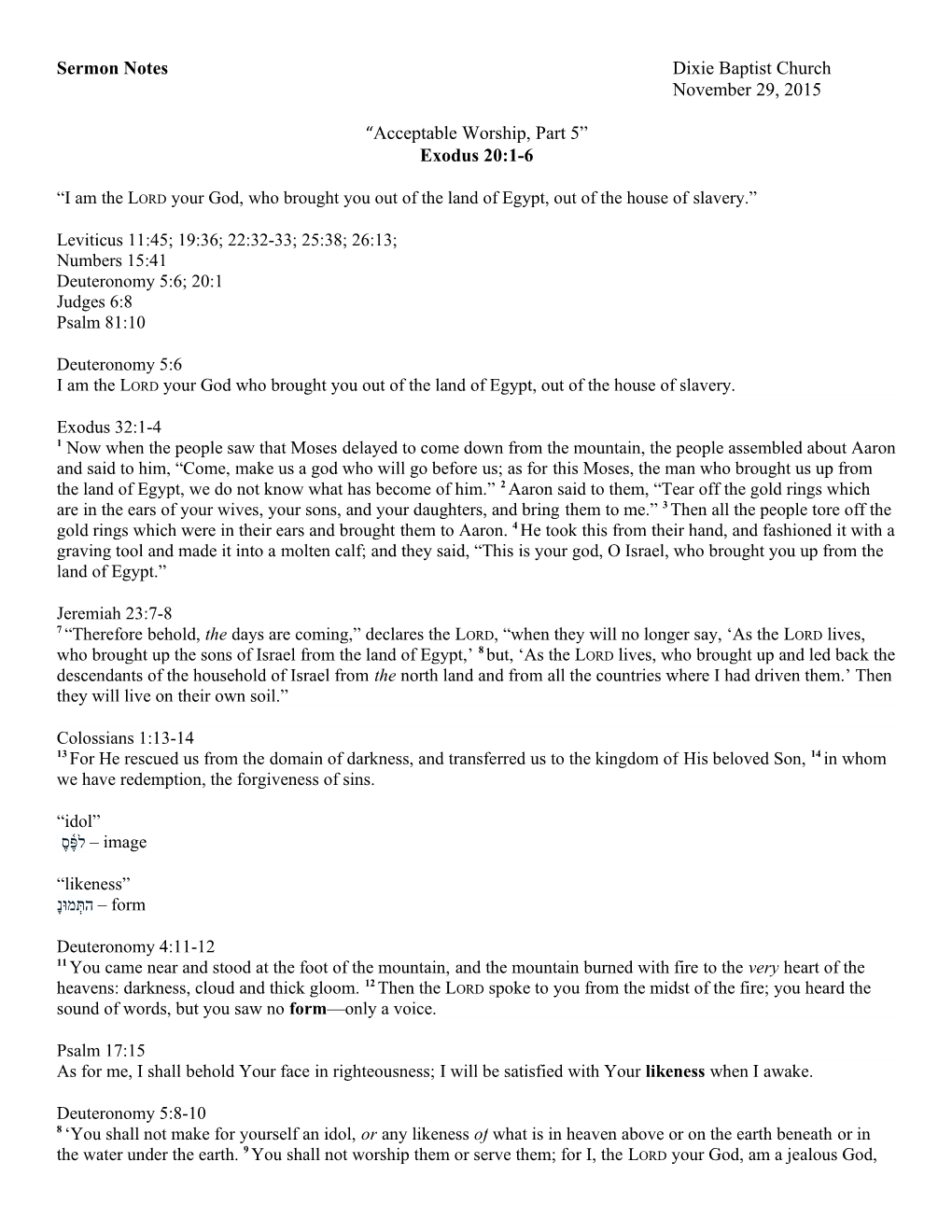 Sermon Notes Dixie Baptist Church