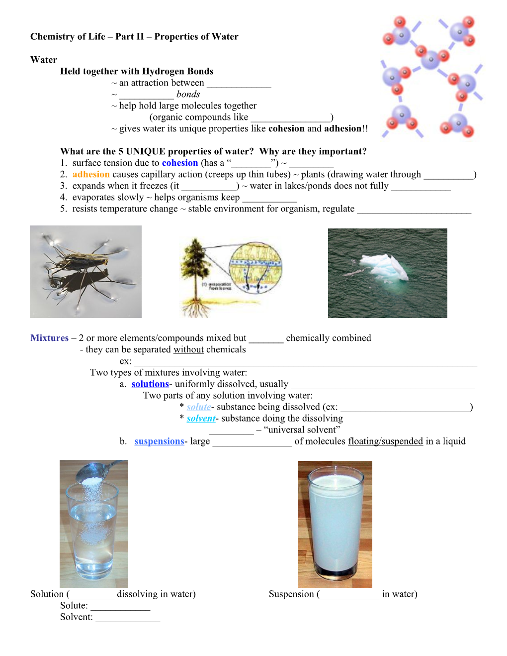 Chemistry of Life Part II Properties of Water