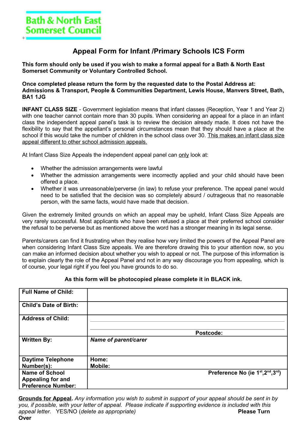 Appeal Form for Infant /Primary Schools ICS Form