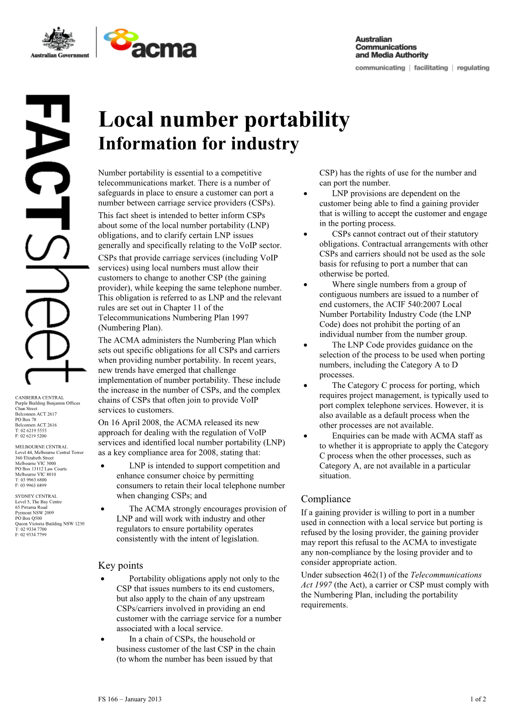 FS166 Local Number Portability - Information for Industry