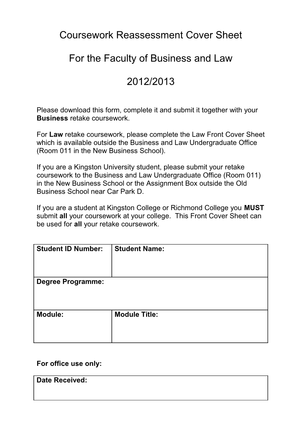 Coursework Reassessment Cover Sheet