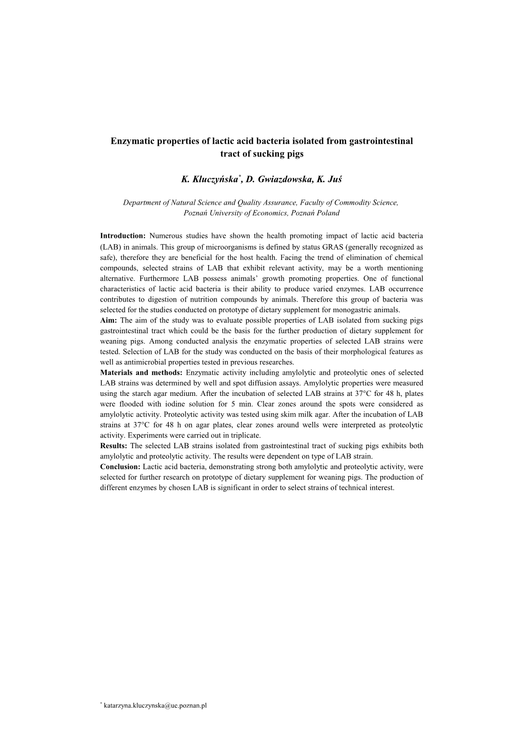 Enzymatic Properties of Lactic Acid Bacteria Isolated from Gastrointestinal Tract of Sucking