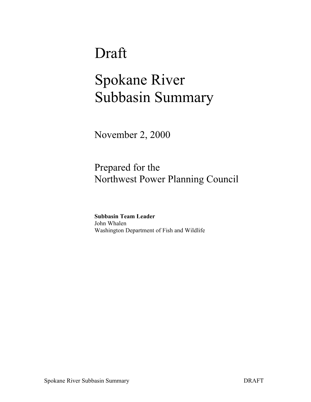 Spokane River Subbasin Summary