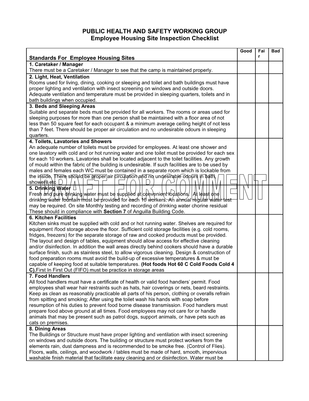 Employee Housing Sites Self Inspection Checklists