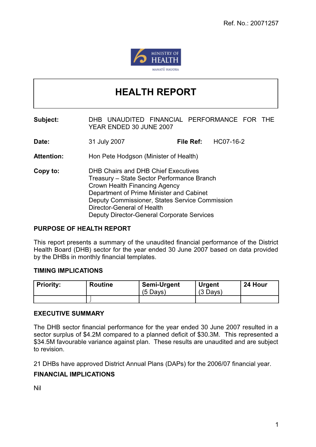 Purpose of Health Report
