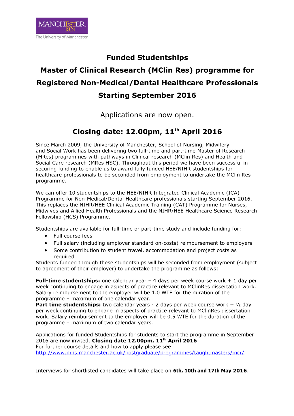 Master of Clinical Research (Mclin Res) Programme For