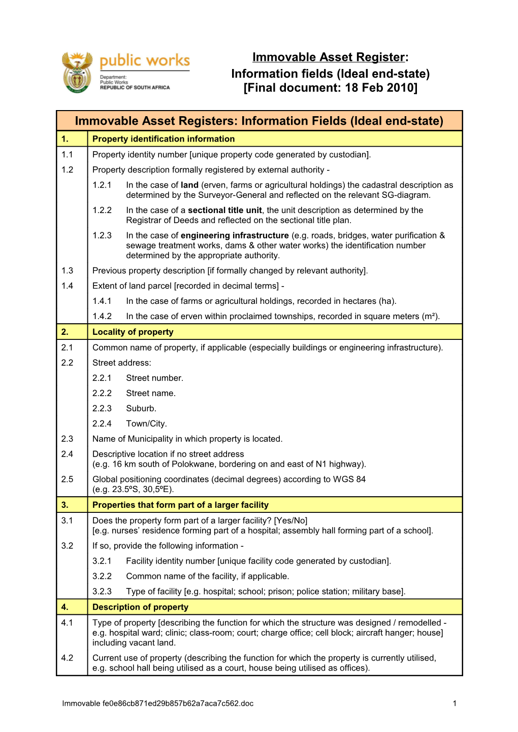 DP3-S01 Asset Register Fields of Information 2010-02-18