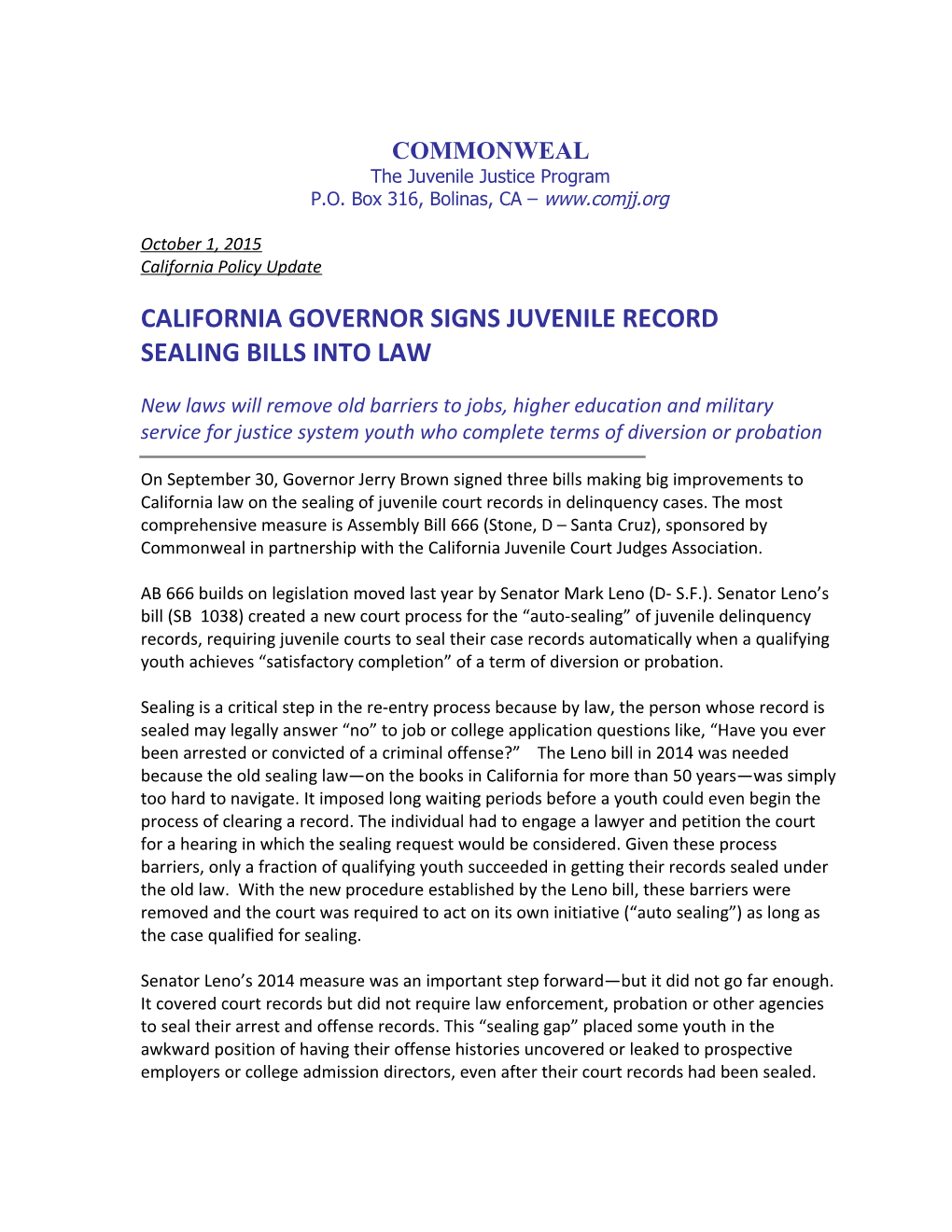 Governor Signs CA Juvenile Record Sealing Bills, Commonweal Update, Page 3